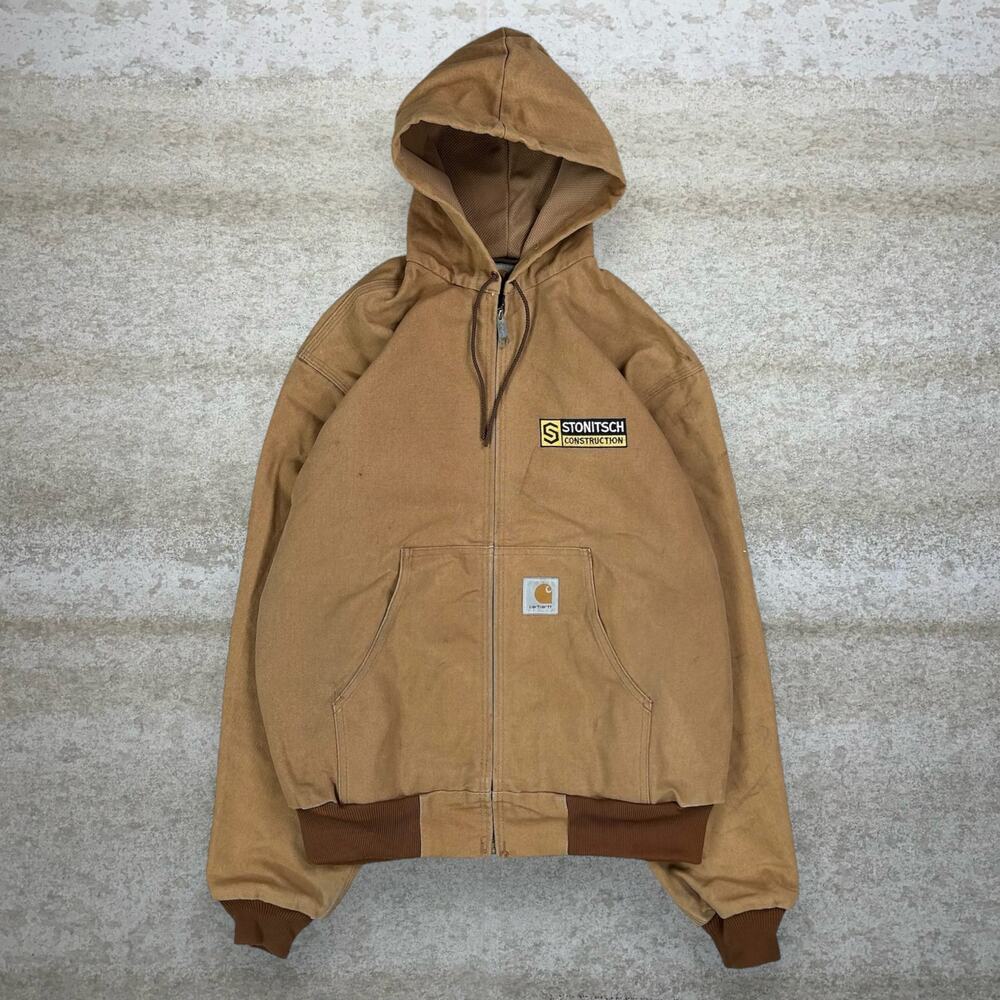 Vintage Carhartt Jacket Tan Cotton Canvas Mesh Lined Hooded Full Zip 90s